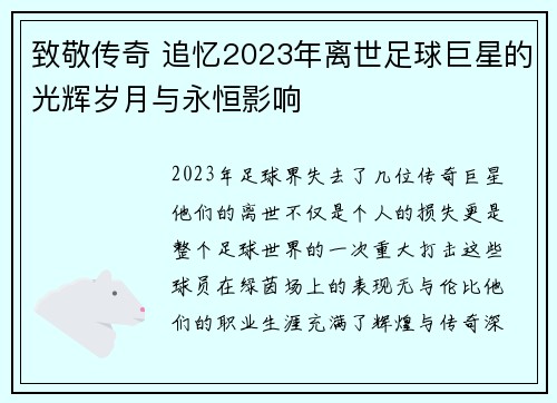 致敬传奇 追忆2023年离世足球巨星的光辉岁月与永恒影响